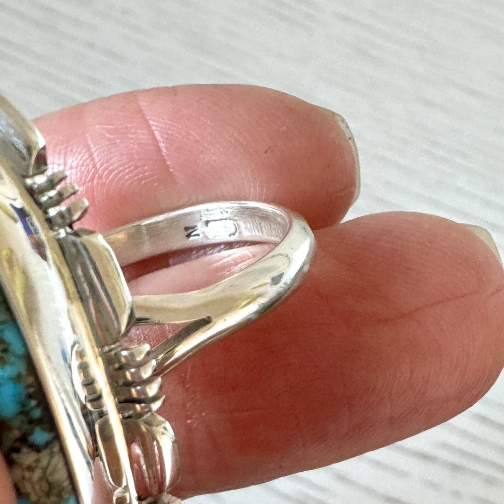 Navajo Sonoran Turquoise Ring Sz 10 Sterling Norvin Johnson Shine Fluted USA - Picture 7 of 7